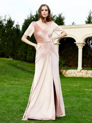 Robe en Velours à Manches Mi-longues et Col en V avec Fente Rose Perle