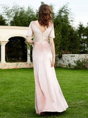 Robe en Velours à Manches Mi-longues et Col en V avec Fente Rose Perle Grande Taille
