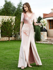 Robe en Velours à Manches Mi-longues et Col en V avec Fente Rose Perle Grande Taille