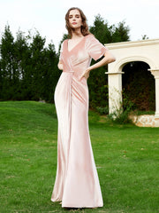 Robe en Velours à Manches Mi-longues et Col en V avec Fente Rose Perle Grande Taille