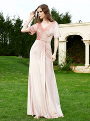 Robe en Velours à Manches Mi-longues et Col en V avec Fente Rose Perle Grande Taille