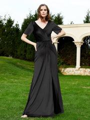 Robe en Velours à Manches Mi-longues et Col en V avec Fente Noir
