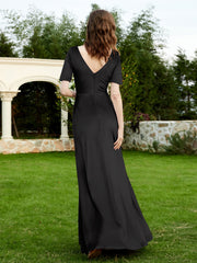 Robe en Velours à Manches Mi-longues et Col en V avec Fente Noir