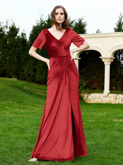 Robe en Velours à Manches Mi-longues et Col en V avec Fente Bordeaux