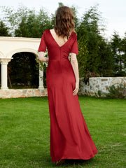 Robe en Velours à Manches Mi-longues et Col en V avec Fente Bordeaux Grande Taille