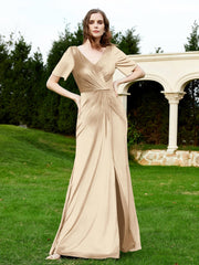 Robe en Velours à Manches Mi-longues et Col en V avec Fente Champagne Grande Taille