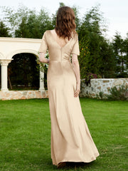 Robe en Velours à Manches Mi-longues et Col en V avec Fente Champagne Grande Taille
