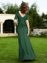 Robe en Velours à Manches Mi-longues et Col en V avec Fente Vert Foncé Grande Taille