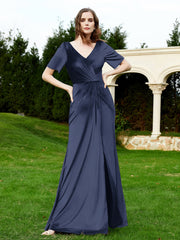 Robe en Velours à Manches Mi-longues et Col en V avec Fente Bleu Marine