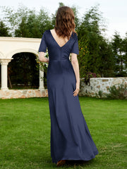 Robe en Velours à Manches Mi-longues et Col en V avec Fente Bleu Marine Grande Taille