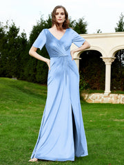 Robe en Velours à Manches Mi-longues et Col en V avec Fente Bleu Poudré Grande Taille