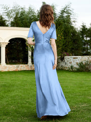 Robe en Velours à Manches Mi-longues et Col en V avec Fente Bleu Poudré