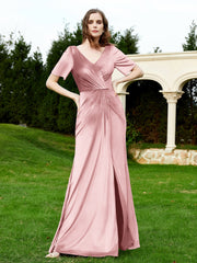 Robe en Velours à Manches Mi-longues et Col en V avec Fente Rose Poudré