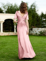 Robe en Velours à Manches Mi-longues et Col en V avec Fente Rose Poudré Grande Taille