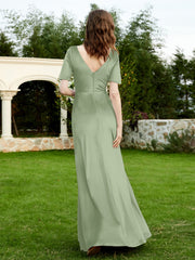 Robe en Velours à Manches Mi-longues et Col en V avec Fente Sauge Poudrée Grande Taille