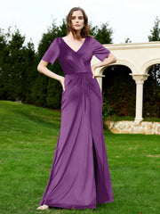 Robe en Velours à Manches Mi-longues et Col en V avec Fente Raisin Grande Taille