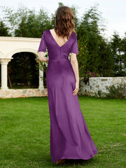 Robe en Velours à Manches Mi-longues et Col en V avec Fente Raisin