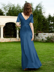 Robe en Velours à Manches Mi-longues et Col en V avec Fente Bleu Encre