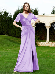 Robe en Velours à Manches Mi-longues et Col en V avec Fente Lilas