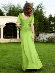 Robe en Velours à Manches Mi-longues et Col en V avec Fente Vert Citron