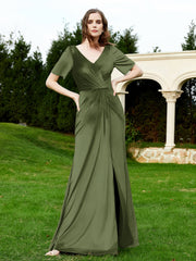 Robe en Velours à Manches Mi-longues et Col en V avec Fente Olive Verte