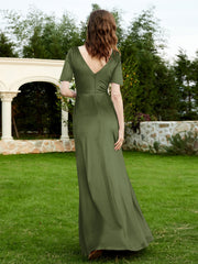 Robe en Velours à Manches Mi-longues et Col en V avec Fente Olive Verte