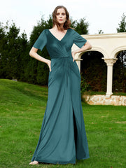 Robe en Velours à Manches Mi-longues et Col en V avec Fente Paon