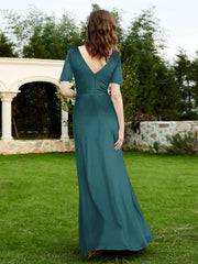 Robe en Velours à Manches Mi-longues et Col en V avec Fente Paon