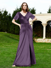 Robe en Velours à Manches Mi-longues et Col en V avec Fente Plum Grande Taille