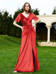 Robe en Velours à Manches Mi-longues et Col en V avec Fente Rouge