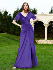 Robe en Velours à Manches Mi-longues et Col en V avec Fente Régence