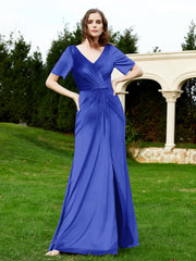 Robe en Velours à Manches Mi-longues et Col en V avec Fente Bleu Royale