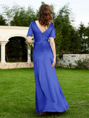 Robe en Velours à Manches Mi-longues et Col en V avec Fente Bleu Royale