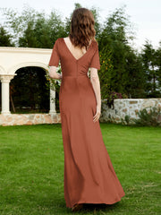 Robe en Velours à Manches Mi-longues et Col en V avec Fente Rouille