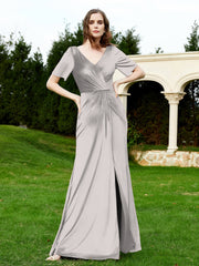 Robe en Velours à Manches Mi-longues et Col en V avec Fente Argent Grande Taille