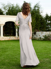Robe en Velours à Manches Mi-longues et Col en V avec Fente Argent Grande Taille
