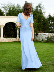 Robe en Velours à Manches Mi-longues et Col en V avec Fente Bleu Ciel Grande Taille