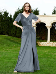 Robe en Velours à Manches Mi-longues et Col en V avec Fente Bleu de Schiste