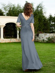 Robe en Velours à Manches Mi-longues et Col en V avec Fente Bleu de Schiste
