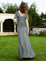 Robe en Velours à Manches Mi-longues et Col en V avec Fente Gris Acier Grande Taille