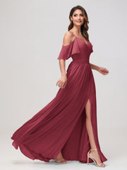 Robe A-ligne en Mousseline Froncée à Hors de l'Épaule avec Fente Cannelle Rose