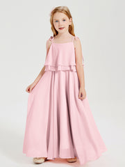 Robes de Demoiselle d'Honneur Junior en Mousseline avec Nœud Papillon Rose Pâle
