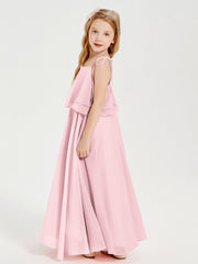 Robes de Demoiselle d'Honneur Junior en Mousseline avec Nœud Papillon Rose Pâle