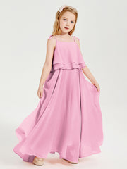 Robes de Demoiselle d'Honneur Junior en Mousseline avec Nœud Papillon Rose Bonbon