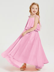 Robes de Demoiselle d'Honneur Junior en Mousseline avec Nœud Papillon Rose Bonbon