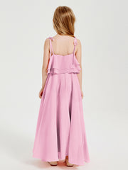 Robes de Demoiselle d'Honneur Junior en Mousseline avec Nœud Papillon Rose Bonbon