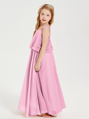 Robes de Demoiselle d'Honneur Junior en Mousseline avec Nœud Papillon Rose Bonbon