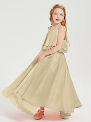 Robes de Demoiselle d'Honneur Junior en Mousseline avec Nœud Papillon Champagne