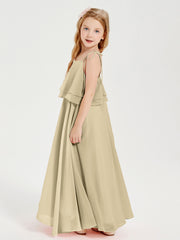 Robes de Demoiselle d'Honneur Junior en Mousseline avec Nœud Papillon Champagne