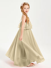 Robes de Demoiselle d'Honneur Junior en Mousseline avec Nœud Papillon Champagne